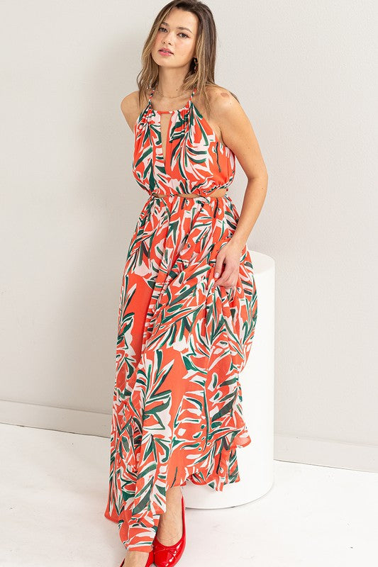 ABSTRACT PRINT HALTER CUTOUT MAXI DRESS