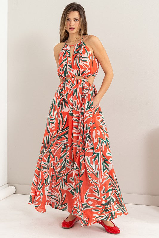 ABSTRACT PRINT HALTER CUTOUT MAXI DRESS