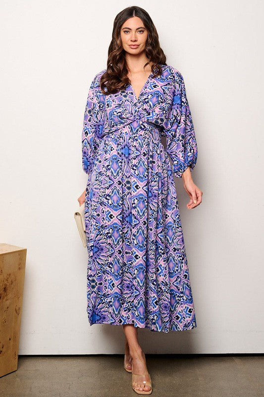 PRINTED V NECK SMOCKED WAIST MAXI DRESS