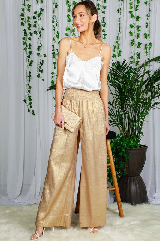 HIGH WAIST POCKET DETAIL FOIL PANTS-GOLD