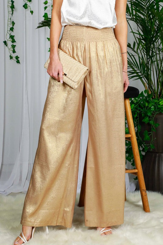 HIGH WAIST POCKET DETAIL FOIL PANTS-GOLD