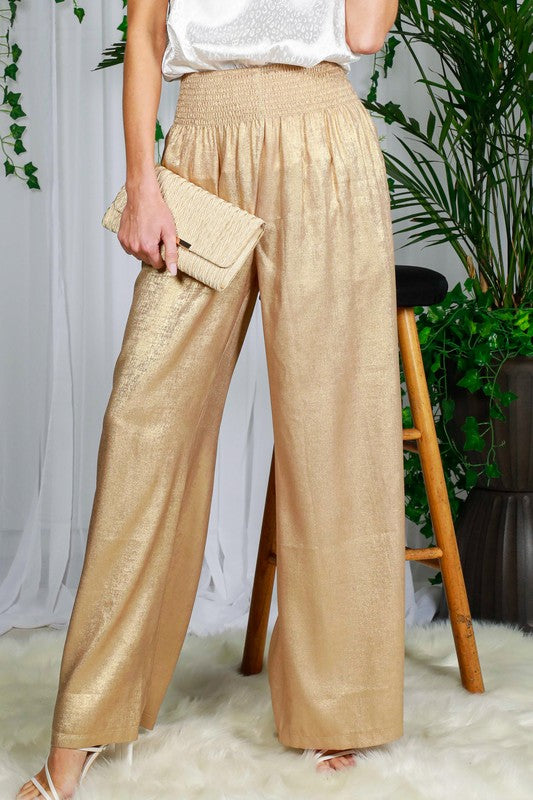 HIGH WAIST POCKET DETAIL FOIL PANTS-GOLD