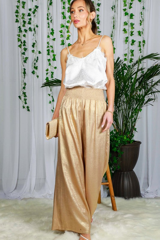 HIGH WAIST POCKET DETAIL FOIL PANTS-GOLD