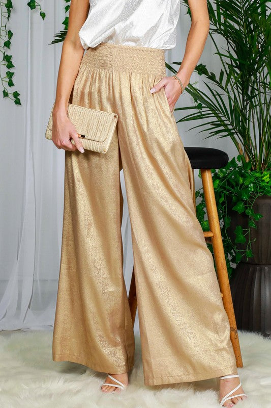 HIGH WAIST POCKET DETAIL FOIL PANTS-GOLD