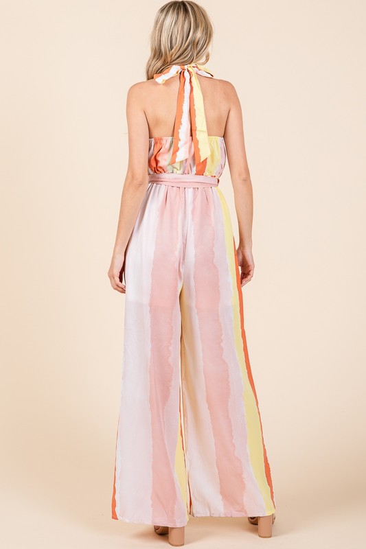 MULTICOLOR SMUDGE STRIPE WIDE LEG JUMPSUIT