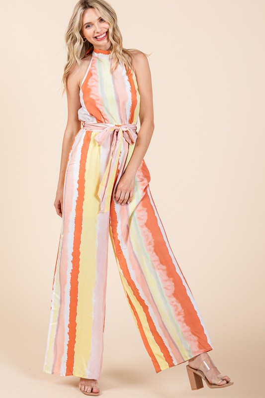 MULTICOLOR SMUDGE STRIPE WIDE LEG JUMPSUIT