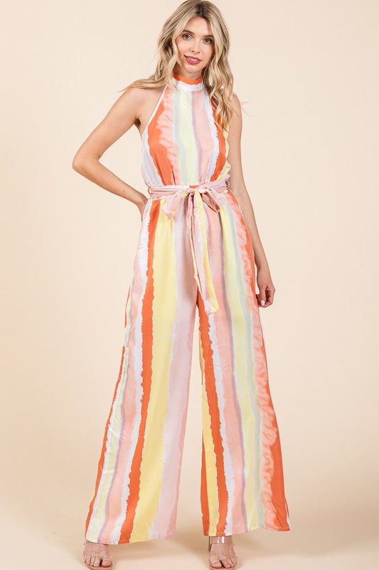 MULTICOLOR SMUDGE STRIPE WIDE LEG JUMPSUIT