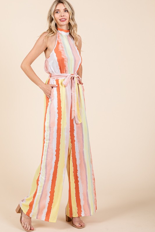 MULTICOLOR SMUDGE STRIPE WIDE LEG JUMPSUIT