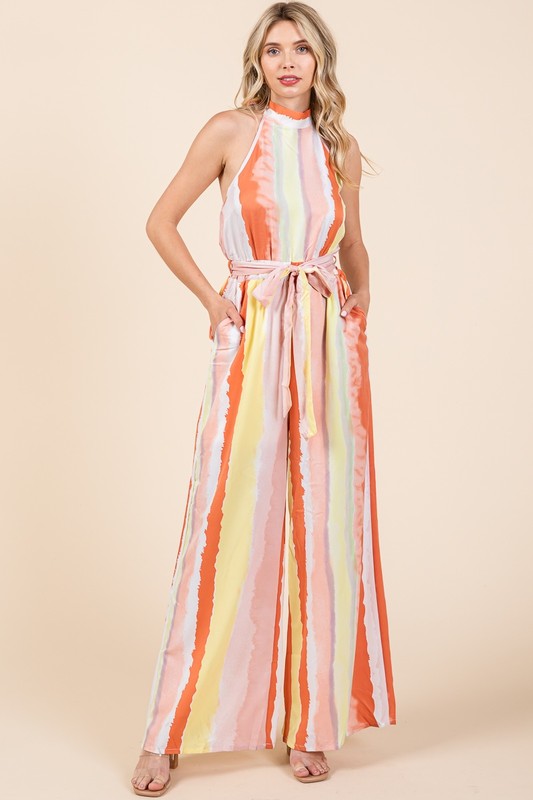 MULTICOLOR SMUDGE STRIPE WIDE LEG JUMPSUIT