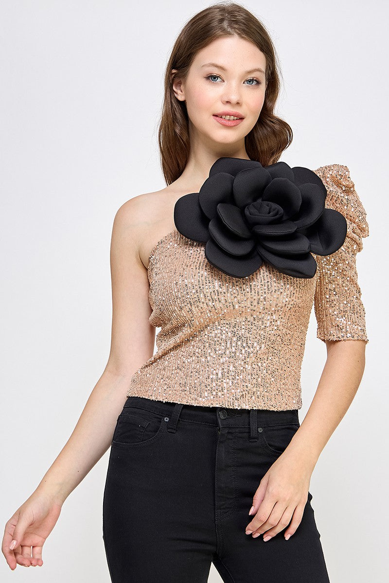 ONE SHOULDER  BIG FLOWER SEQUIN TOP