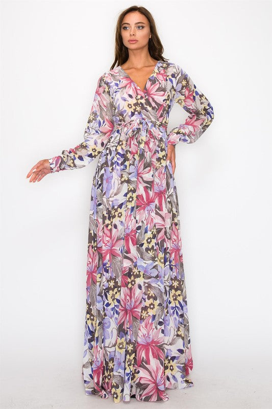 CHIFFON PRINT LONG SLEEVE V-NECK MAXI DRESS