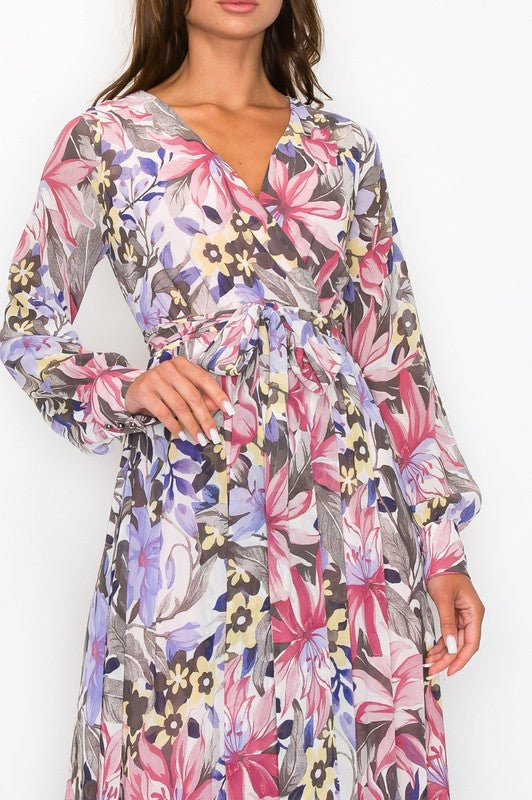 CHIFFON PRINT LONG SLEEVE V-NECK MAXI DRESS