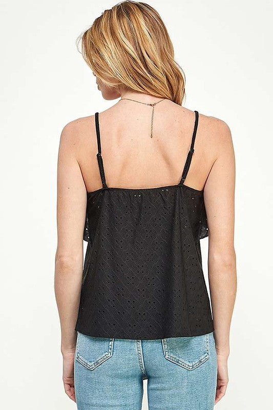 DOUBLE DRAPE RUFFLE EYELET CAMI TOP