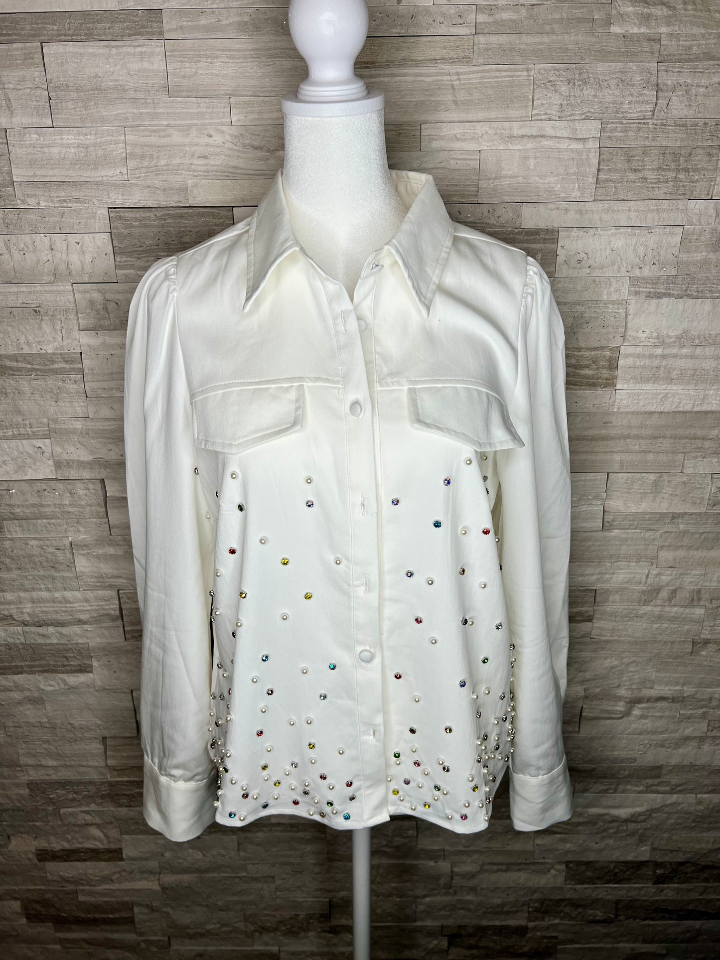 EMBELLISHED BUTTON DOWN BLOUSE