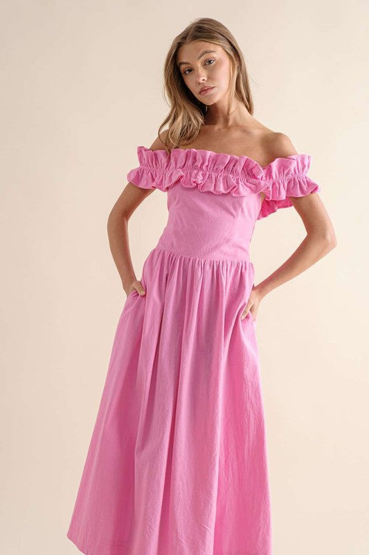 OFF SHOULDERS RUFFLES MAXI DRESS