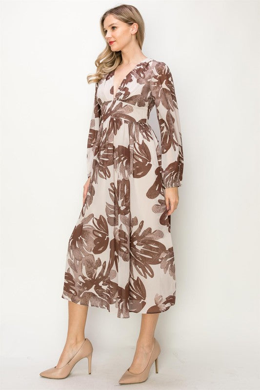 CHIFFON LONG SLEEVE V-NECK MIDI DRESS