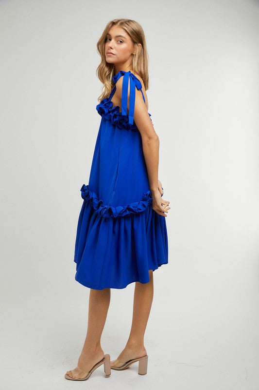 RUFFLED HEM TIE STRAP MIDI DRESS