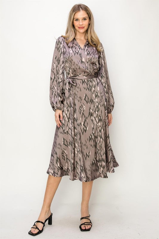 SATIN TRIBAL SLEEVE V-NECK MIDI DRESS