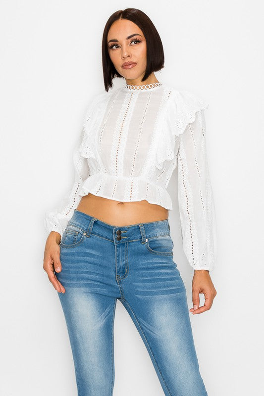 EYELET RUFFLED BLOUSE