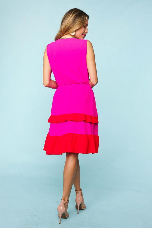 V NECK RUFFLE COLOR BLOCK WITH SIDE POCKETS