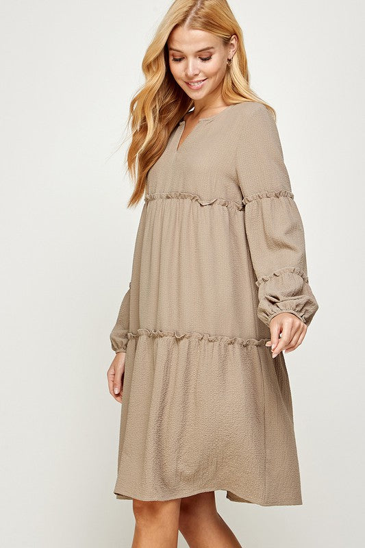 TIERED BISHOP SLEEVES MIDI DRESS