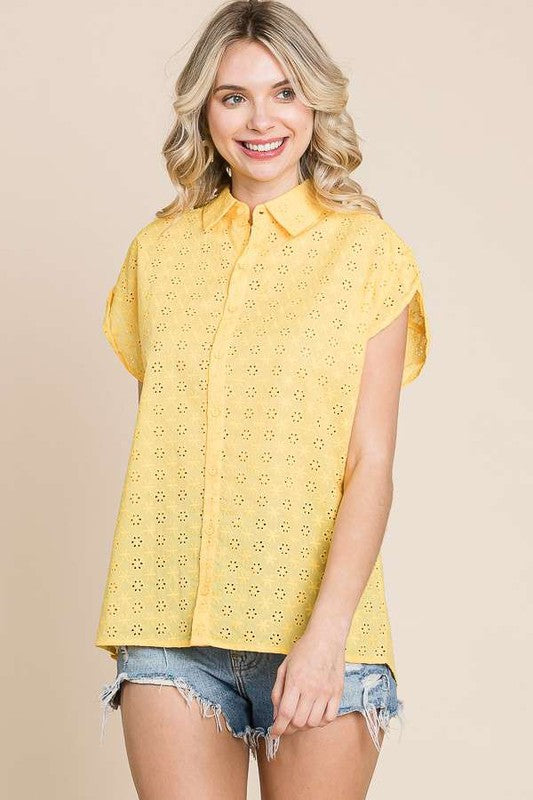 DROP SHOULDER BUTTON DOWN EYELET TOP