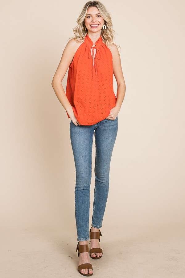 HALTER FLARE EYELET TOP