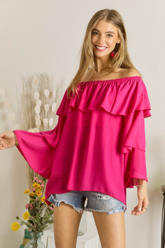 OFF SHOULDER TRIPLE LAYERED BELL-SLEEVE OFF SHOULDER TOP