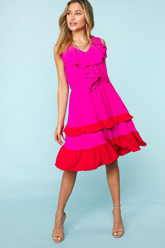 V NECK RUFFLE COLOR BLOCK WITH SIDE POCKETS