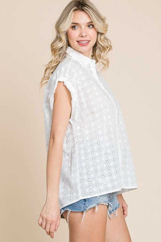 DROP SHOULDER BUTTON DOWN EYELET TOP