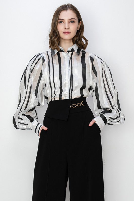 STRIPE LONG PUFF SLEEVES TOP