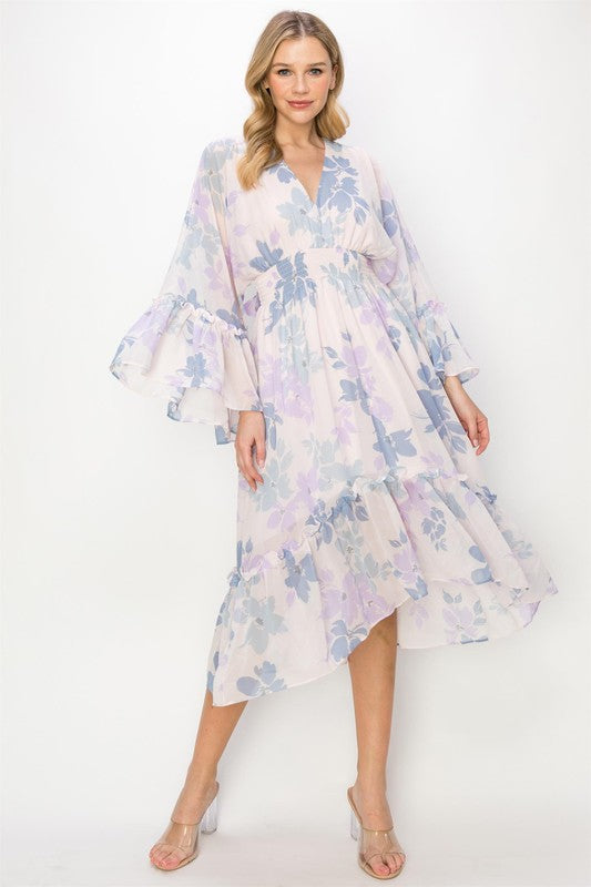 FLORAL BELL SLEEVE MIDI DRESS