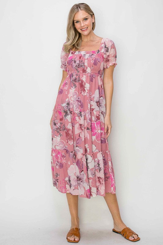 PRINT CHIFFON PEASANT MIDI DRESS