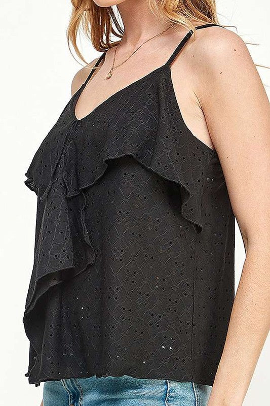 DOUBLE DRAPE RUFFLE EYELET CAMI TOP