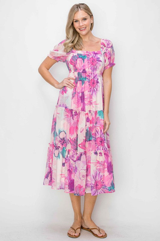 FLORAL PRINT CHIFFON PEASANT MIDI DRESS