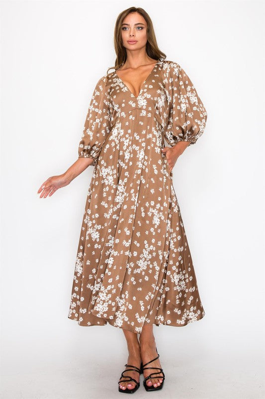 FLORAL 3-4 SLEEVE V-NECK MAXI DRESS