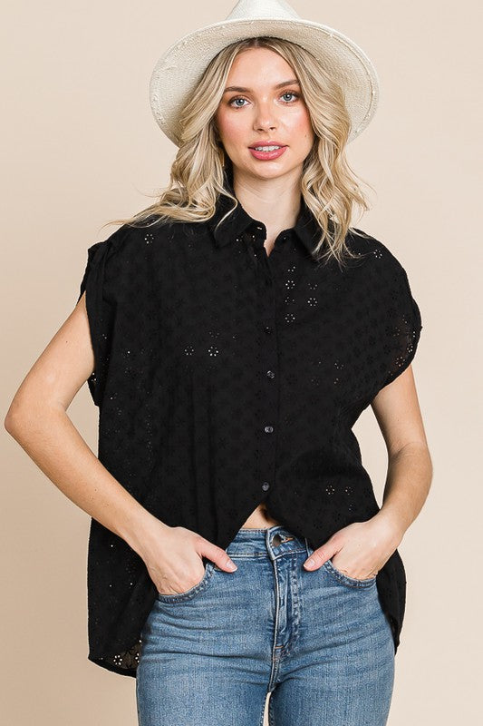 DROP SHOULDER BUTTON DOWN EYELET TOP