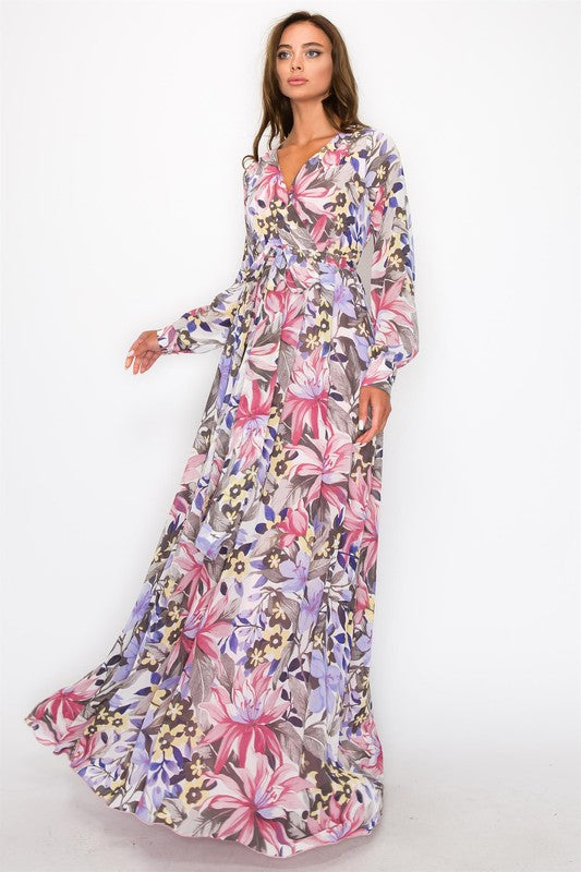 CHIFFON PRINT LONG SLEEVE V-NECK MAXI DRESS