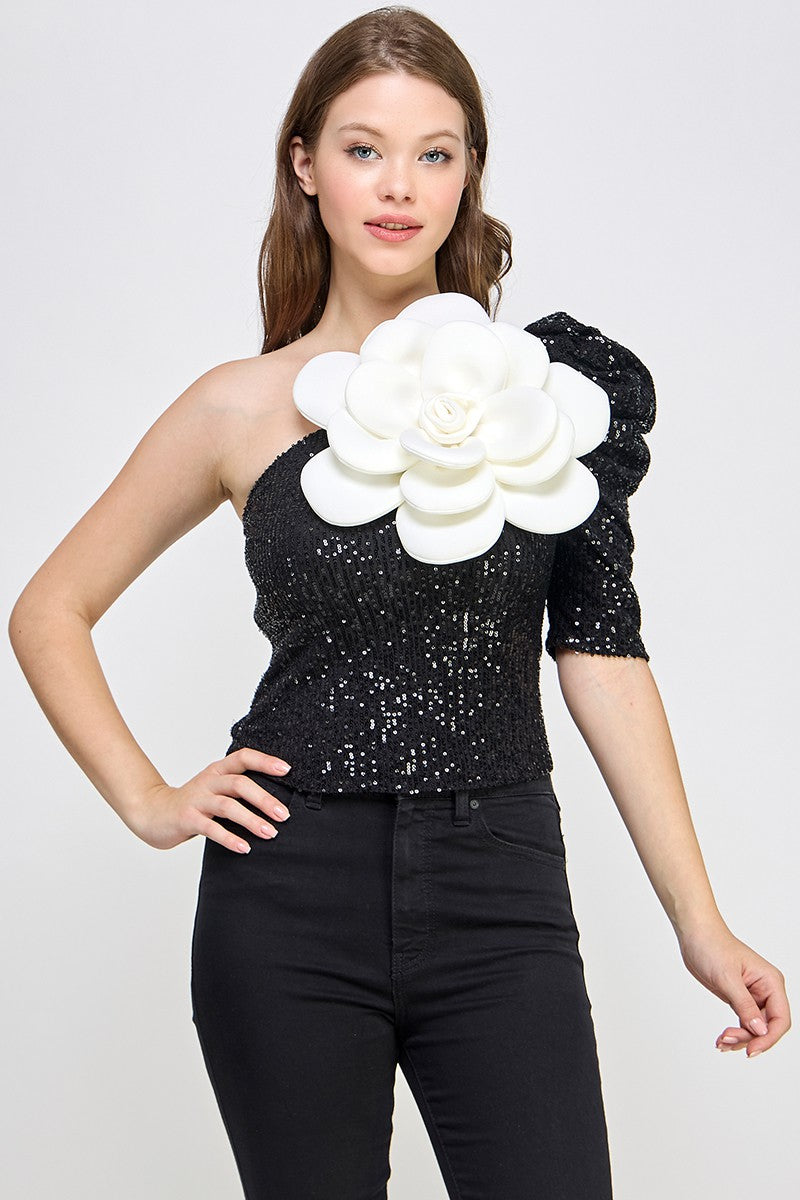 ONE SHOULDER  BIG FLOWER SEQUIN TOP