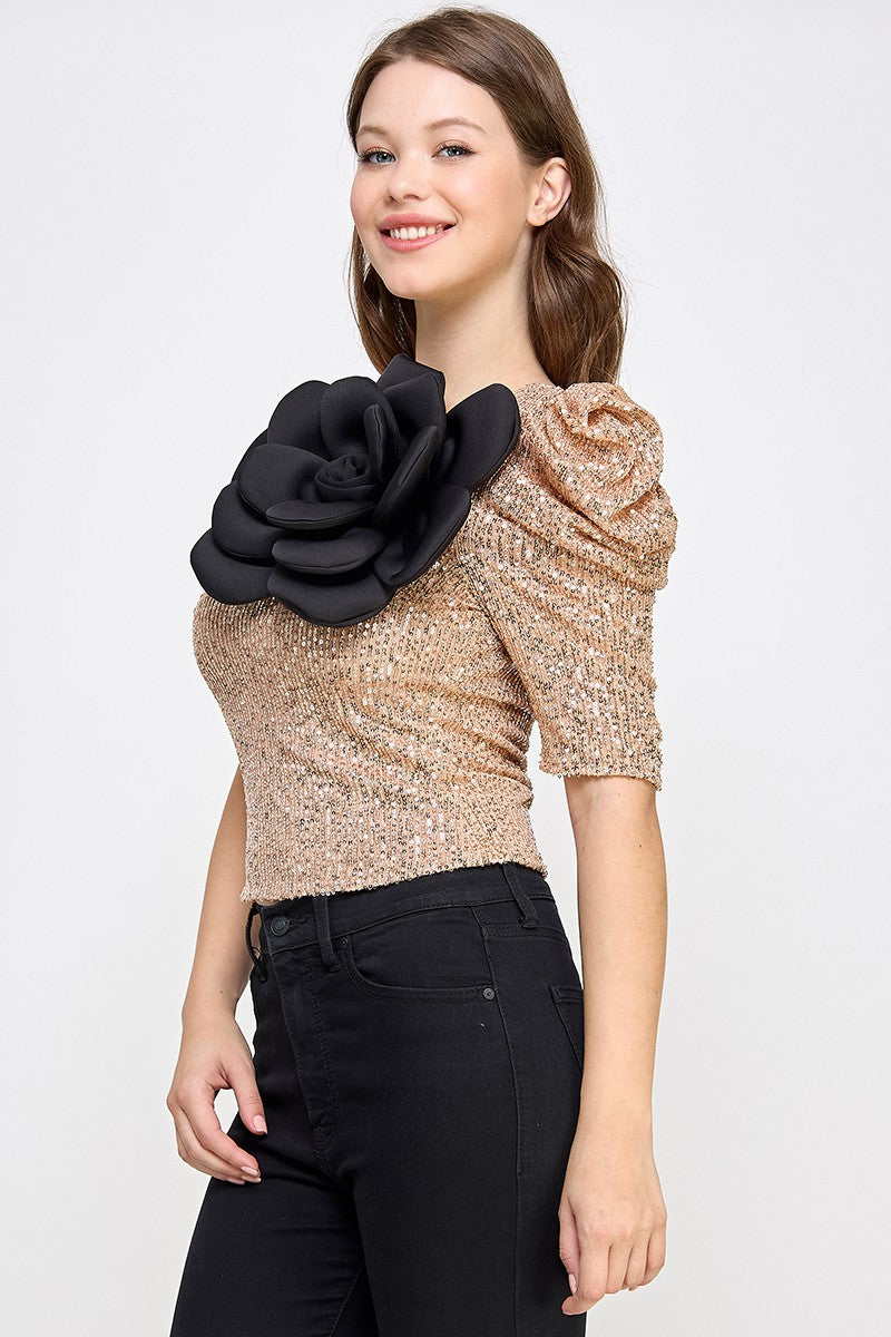 ONE SHOULDER  BIG FLOWER SEQUIN TOP