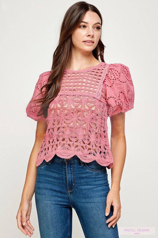 SHORT SLEEVE CROCHET LACE TOP