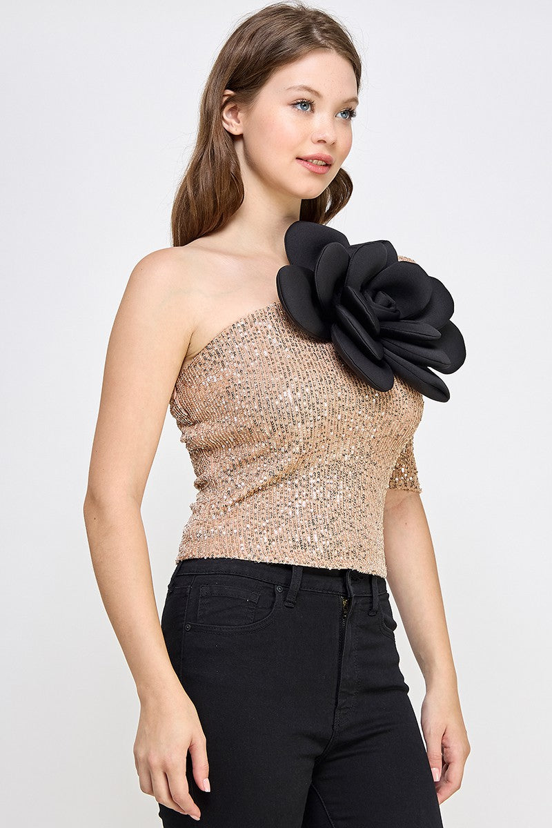 ONE SHOULDER  BIG FLOWER SEQUIN TOP