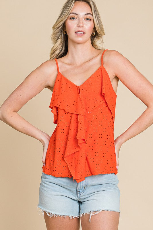 DOUBLE DRAPE RUFFLE EYELET CAMI TOP