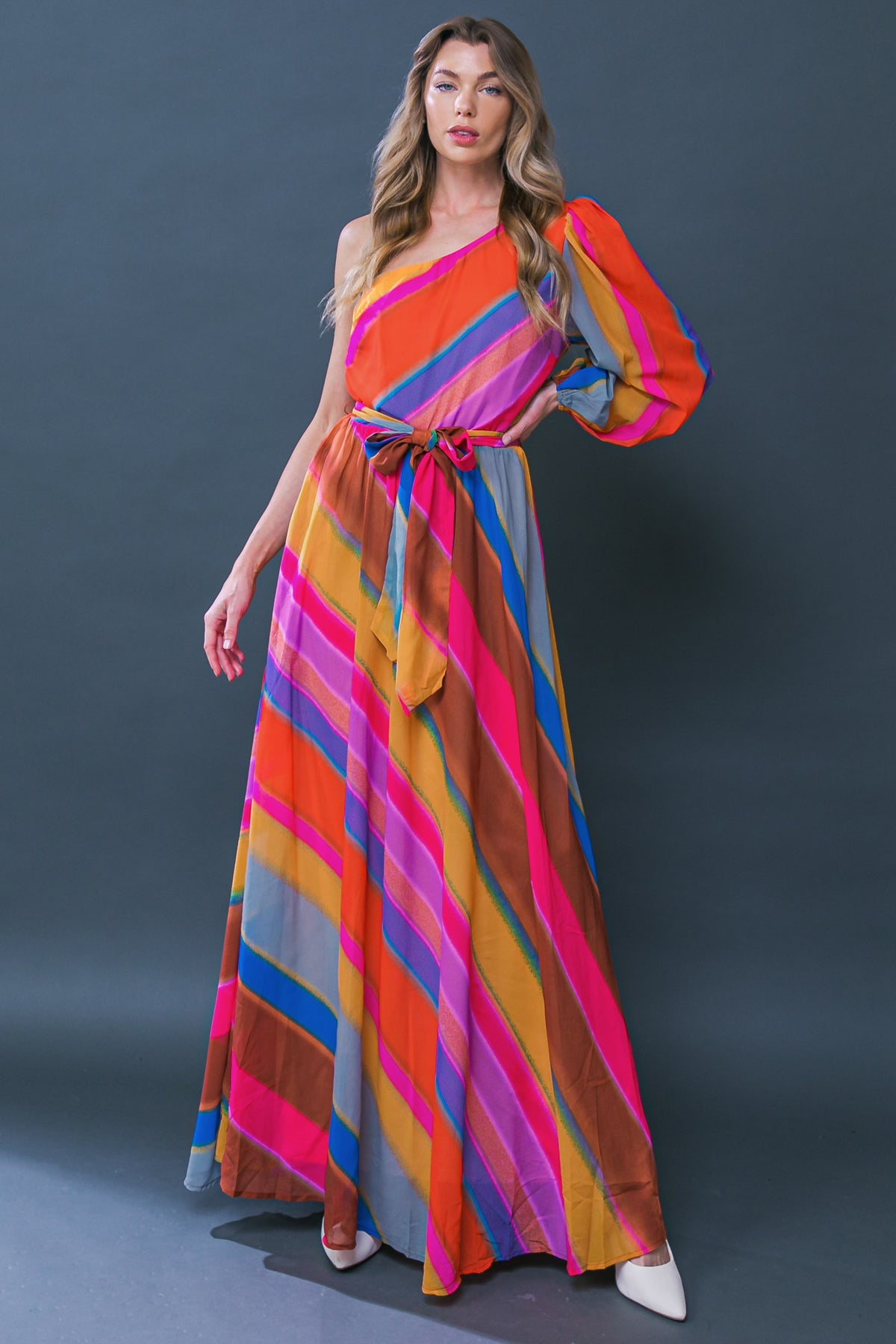 ONE SHOULDER STRIPES MAXI DRESS