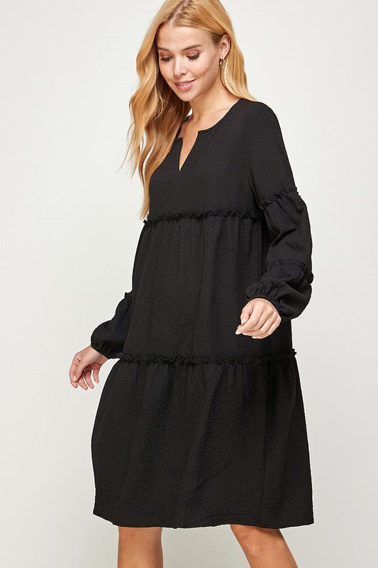 TIERED BISHOP SLEEVES MIDI DRESS