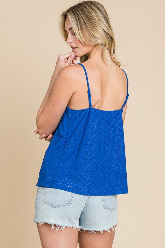 DOUBLE DRAPE RUFFLE EYELET CAMI TOP