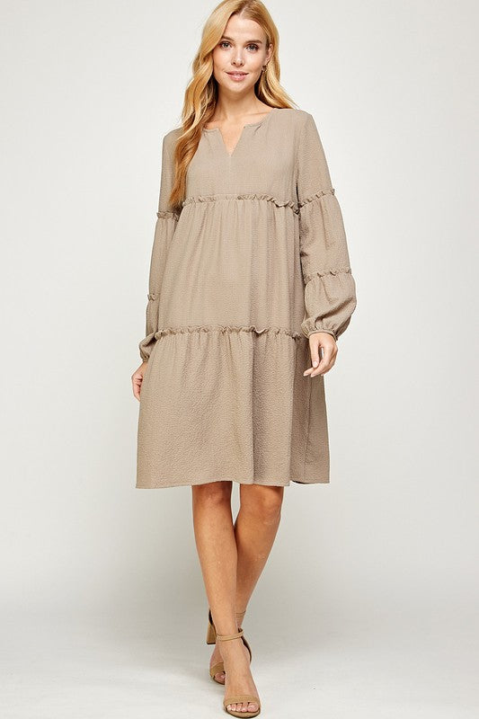 TIERED BISHOP SLEEVES MIDI DRESS