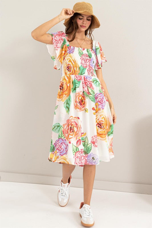 PRINT FLUTTER SLEEVE SMOCKED DRESS