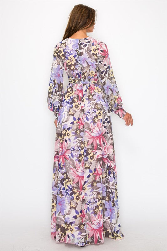 CHIFFON PRINT LONG SLEEVE V-NECK MAXI DRESS