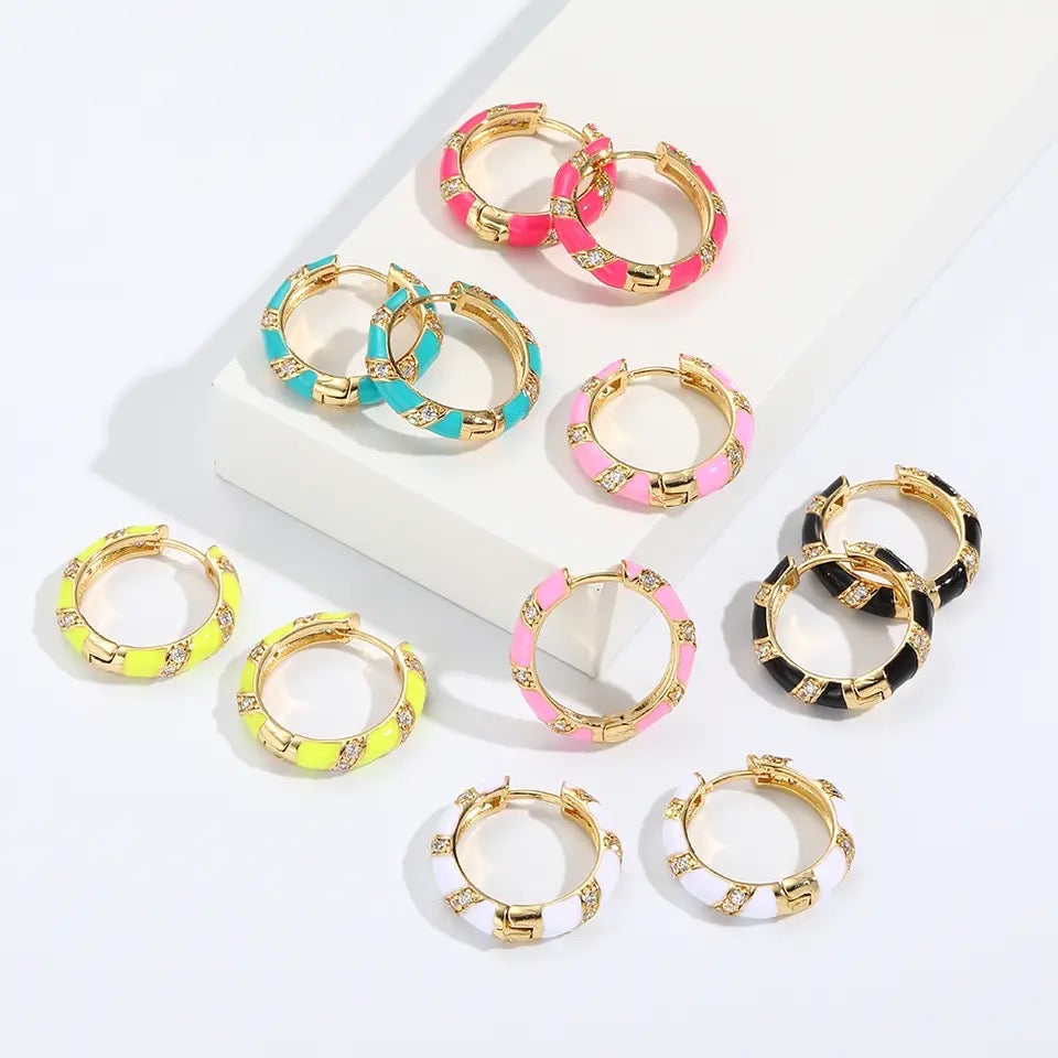 COLORFUL ENAMEL RHINESTONE HOOPS